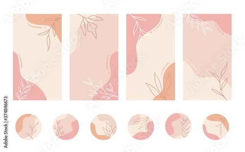 Social media stories and highlights templates. Vector set of pastel color abstract organic floral backgrounds