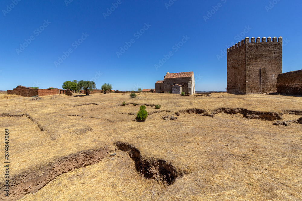 Noudar medieval castle courtyard, with Alentejo landscape background. and Located 5 kilometres from the Spanish border. Alentejo, Portugal.