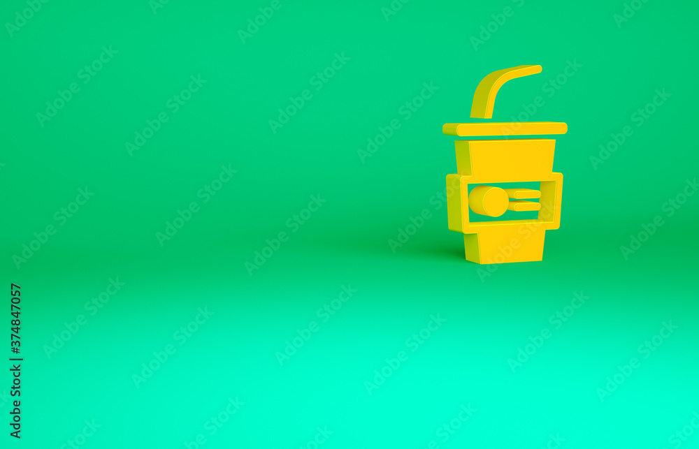 Orange Paper glass with drinking straw and water icon isolated on green background. Soda drink glass. Fresh cold beverage symbol. Minimalism concept. 3d illustration 3D render. Orange Paper glass with drinking straw and water icon isolated on green background. Soda drink glass. Fresh cold beverage symbol. Minimalism concept. 3d illustration 3D render.