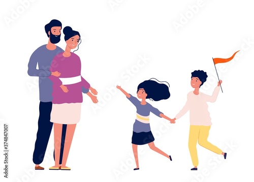 Family together. Happy children running to parents. Mother father waiting daughter and son, boy with flag vector illustration. Family happy together, child and parent