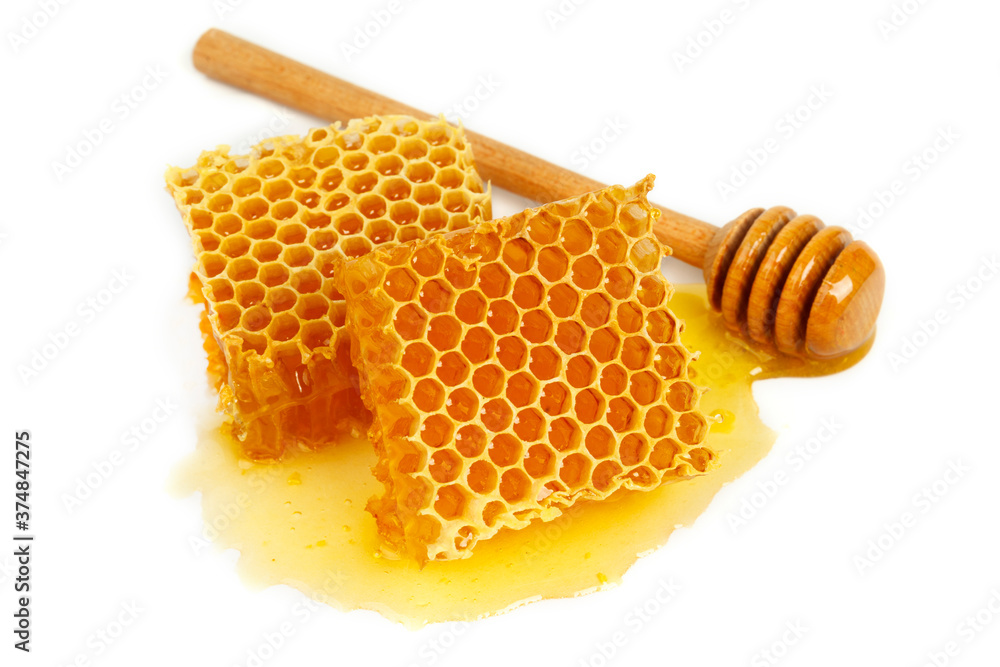 Honeycomb and curative propolis isolated on white background. Wild bee honey. Honeycomb and curative propolis isolated on white background. Wild bee honey.