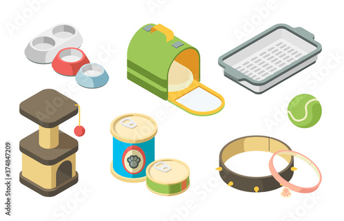 Pet shop isometric. Toys brushes for grooming brushing shampoo and canned food for domestic animals dog cats parrot fishes vector set. Care and grooming accessory equipment illustration