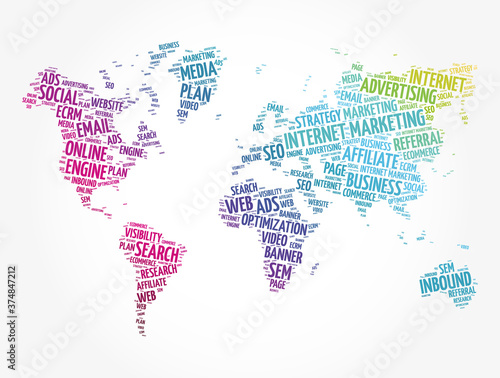 Internet marketing word cloud in shape of world map  business concept background