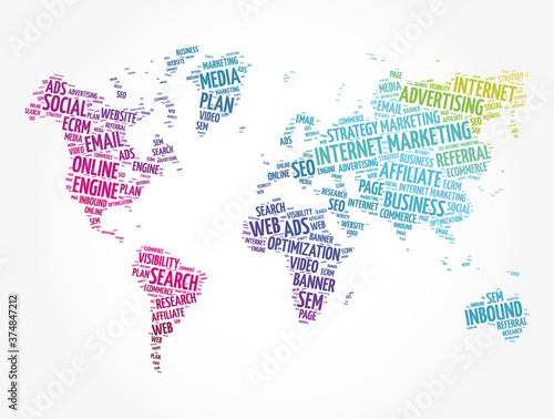 Internet marketing word cloud in shape of world map, business concept background