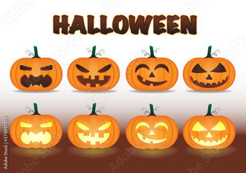 Vector Cartoon Set is different character face of pumpkin Halloween. Light glowing jack-o-lantern clip art with shadow.