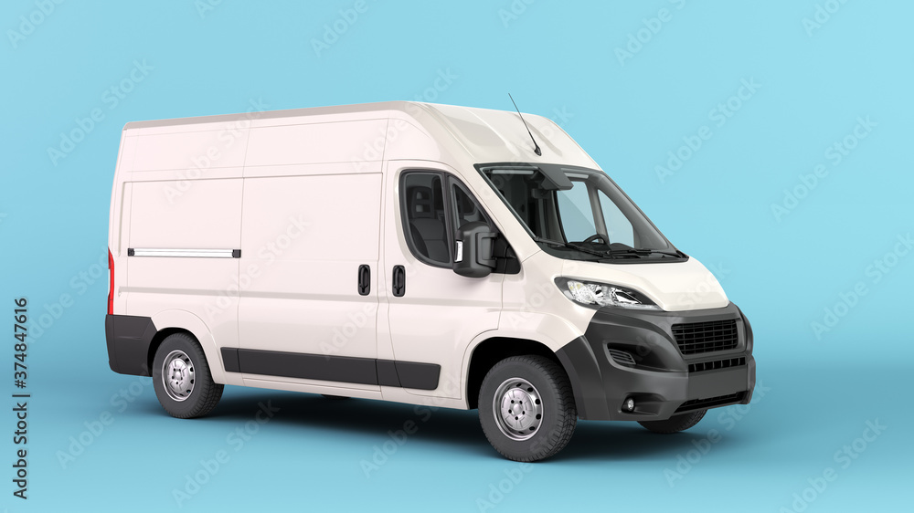 White Delivery Van Icon 3d render on blue gradient