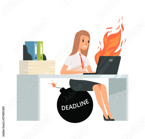 Deadline time. Office manager typing on computer. Bad management, girl does not have time to pass job vector illustration. Business manager hurry working to deadline
