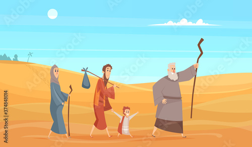 Journey of bible characters. Narrative historical background holy people going in dessert landscape from scenery god vector illustration. Traditional christian biblical legend, desert journey