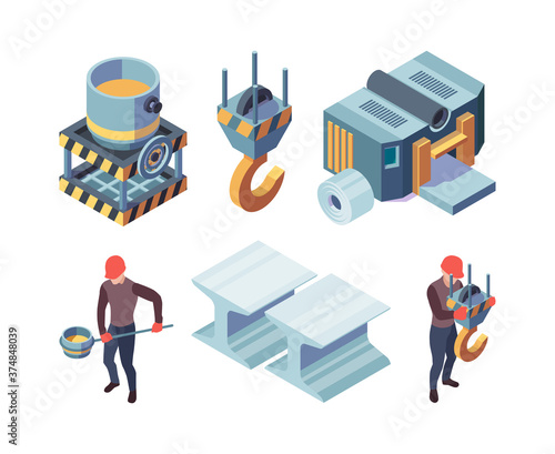 Metallurgy isometric. Steel production factory metallic foundry industrial iron steels vector collection. Foundry metal, production metallurgy industry illustration