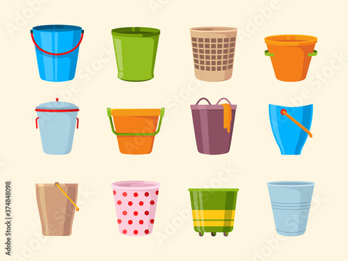 Empty bucket. Metal plastic and wooden buckets collection containers for garbage vector collection. Container or basket for garbage, metal bucket illustration