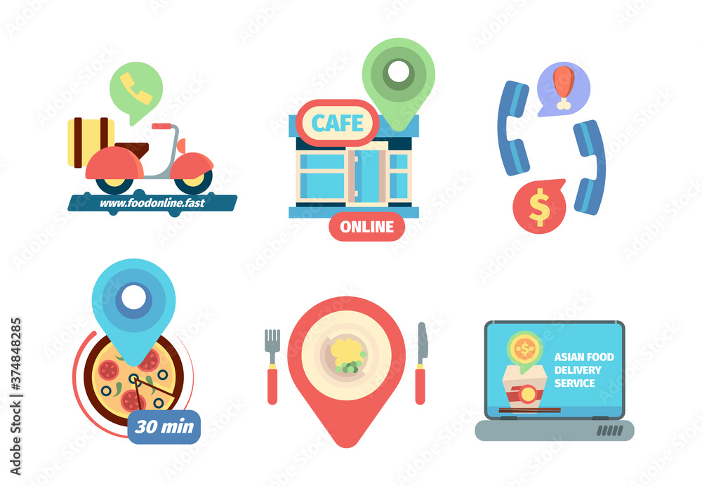 Ordering food icon. Business delivery from restaurant calling order products vector concept flat pictures. Illustration restaurant food mobile online order and delivery