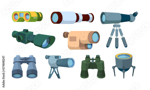 Optical telescope. Binoculars for travellers looking items exploration tools vector collection. Illustration telescope optical and discovery binoculars for expedition