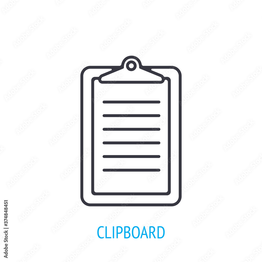 Clipboard with a clip at top. Outline icon. Vector illustration. Tablet for holding paper documents during writing or presentation. Thin line pictogram for user interface. Isolated white background Clipboard with a clip at top. Outline icon. Vector illustration. Tablet for holding paper documents during writing or presentation. Thin line pictogram for user interface. Isolated white background
