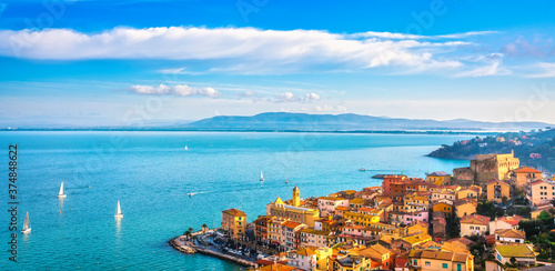 Fototapeta Naklejka Na Ścianę i Meble -  Porto Santo Stefano village, church and castle aerial view. Argentario, Tuscany, Italy