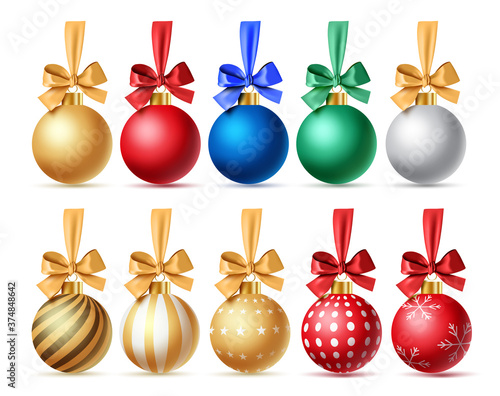 Christmas ball vector set. Colorful christmas balls with ribbon or lasso and pattern design in front view isolated in white background for xmas decor collection. Vector illustration 
