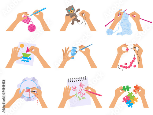 Hands crafting. Kids knitted drawing illustrations with brush and scissors cutting paper scrapbooking vector top view illustration. Paint craft, drawing and workshop sketching