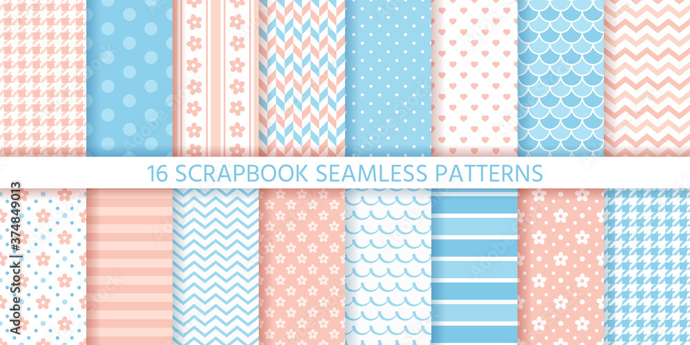 Scrapbook seamless pattern. Baby shower background. Vector. Set cute textures with polka dot, stripe, zigzag, heart, flower and wave. Cute geometric print. Pastel pink blue illustration. Packing paper