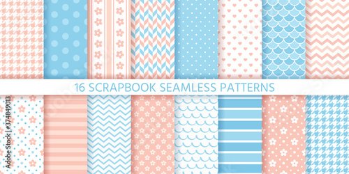 Scrapbook seamless pattern. Baby shower background. Vector. Set cute textures with polka dot, stripe, zigzag, heart, flower and wave. Cute geometric print. Pastel pink blue illustration. Packing paper