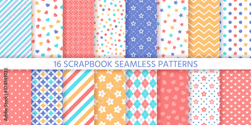 Scrapbook seamless pattern. Vector. Cute backgrounds. Set prints with polka dot, heart, flower, star, zigzag and rhombus. Colorful illustration. Trendy packing papers. Retro textures. Chic backdrops