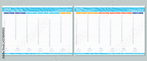 2021 year planner calendar. Vector. Week starts Sunday. Wall calender template. Annual organizer. Schedule page. Agenda diary with 12 months. A4 Paper Size. Simple design. Business illustration.