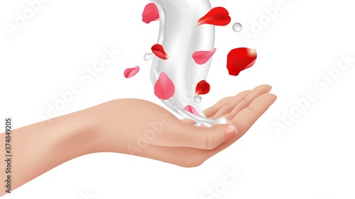Hand care. Female realistic arm, cream splash with rose flower petals. Isolated advertising design element vector illustration. Moisturizer and fragrance, graceful cream with red flower