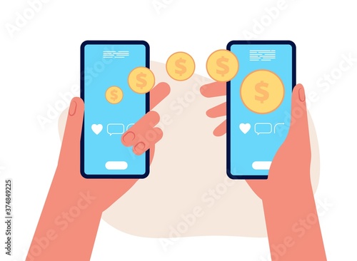 Mobile money transfer. Hands hold smartphones, golden coins flying to other people. E-wallet or e-pay vector illustration. Transfer mobile money, payment transaction online