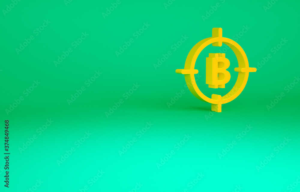 Orange Bitcoin in the target icon isolated on green background. Investment target icon. Minimalism concept. 3d illustration 3D render. Orange Bitcoin in the target icon isolated on green background. Investment target icon. Minimalism concept. 3d illustration 3D render.