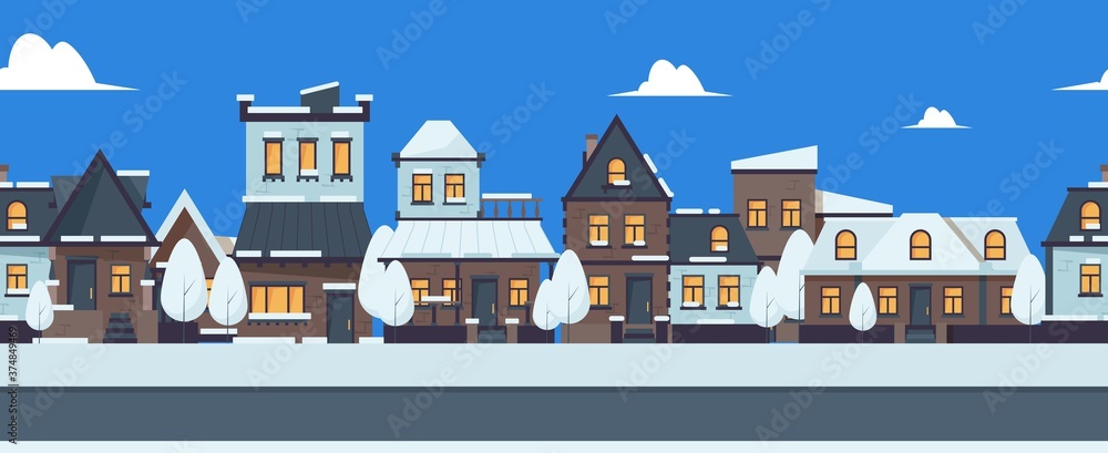 Winter street banner. Cute snowy houses seamless pattern. Suburban buildings vector illustration. Christmas street banner, city background snowy