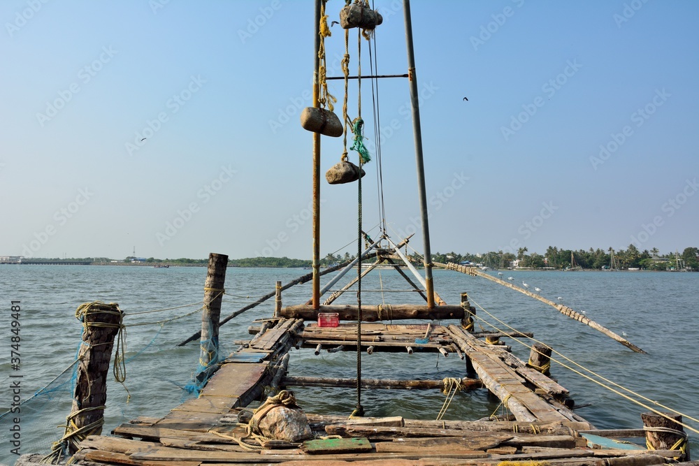 Stationary Chinese fishing nets (Cheena vala) or shore operated lift nets in Kochi Fort, Cochin, India