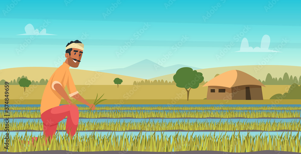 Indian agriculture working. Farmer harvesting in field asia vector  background in cartoon style. Farm agriculture, worker indian farming  illustration Stock Vector | Adobe Stock