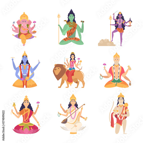 Indian characters gods. Fantasy mascots of indian culture vishnu ganesha lakshmi vector illustrations. India spiritual, hindu god, goddess meditating