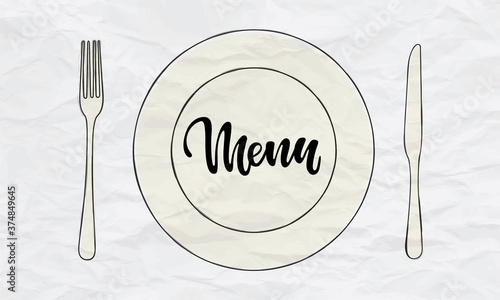 Cutlery knife, fork, plate vector doodle icons with lettering word menu. Design for menu restaurant and cafe. Kitchen cutlery, menu restaurant and cafe typo