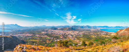 Picturesque morning cityscape of Bagheria town and national park Orientata Pizzo Cane photo