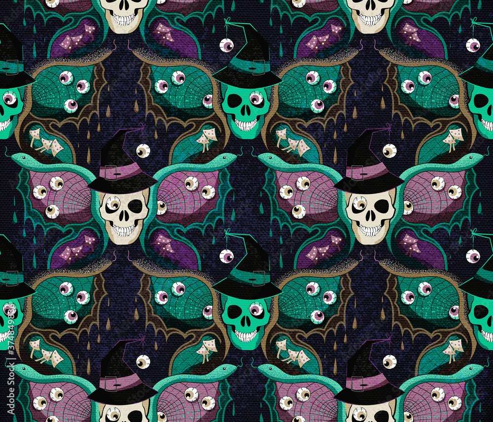 Gothic halloween seamless pattern with butterflies, witches and snakes