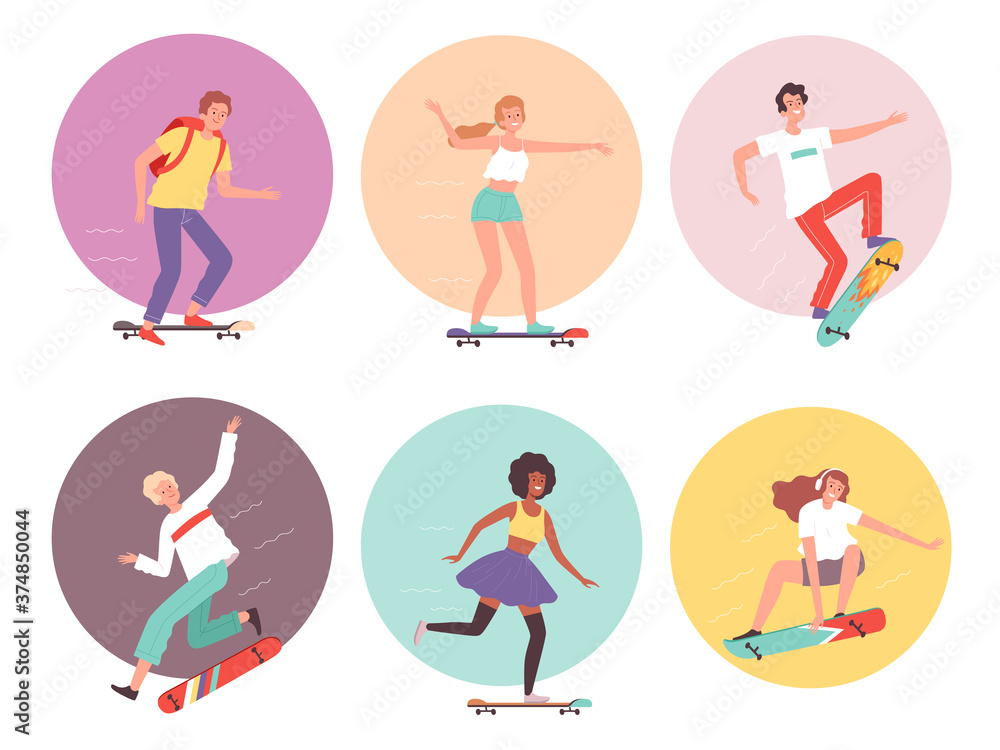 Skateboarders. Urban activity hipsters characters riders on skateboard cool guys vector illustration. Skateboard skateboarding, character skateboarder active Skateboarders. Urban activity hipsters characters riders on skateboard cool guys vector illustration. Skateboard skateboarding, character skateboarder active