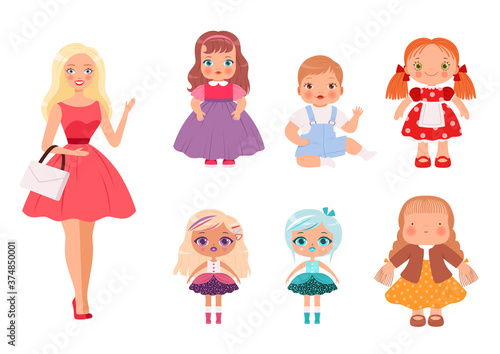 Dolls for kids. Funny children toys male and female cute models for playing vector illustrations. Doll collection female girl for young children