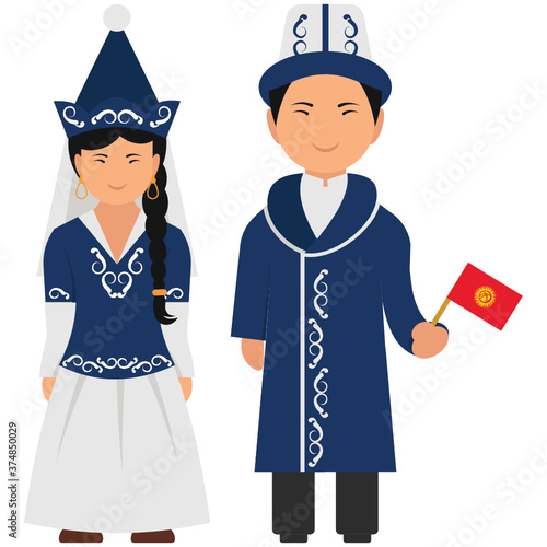 
Cute couple wearing kyrgyzstan dress, modern flat vector style 
 photo