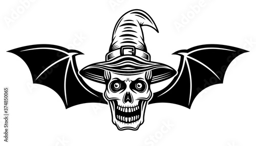 Witch skull with bat wings vector illustration