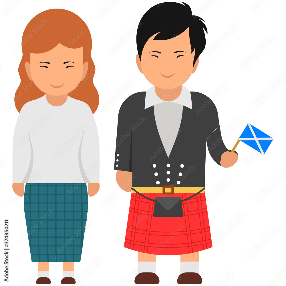 A perfect scotland couple wearing their cultural outfit, scottish dress flat vector
A perfect scotland couple wearing their cultural outfit, scottish dress flat vector