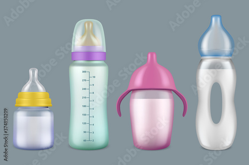 Baby bottle. Breast milk bottles nutritional products for kids beverage for children drinks transparent measure containers vector realistic. Illustration milk bottle container for care baby