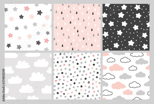 Cute pattern set with clouds, stars and rain drops. Vector seamless background in Scandinavian style. Illustration for babies, kids.