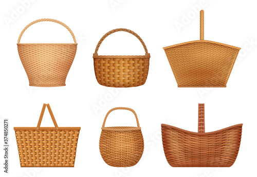 Wicker basket. Handcraft decorative picnic containers for nature products vector realistic illustrations. Basket wicker, container handmade for picnic and easter