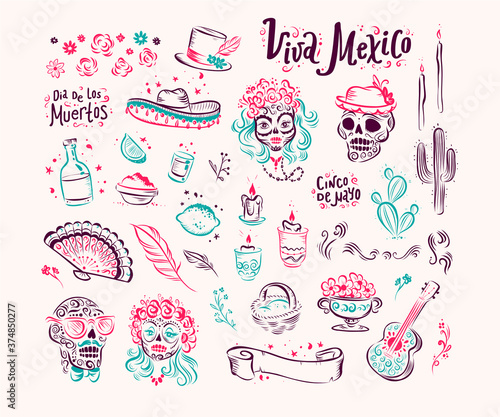 Collection of traditional Mexico, muertos lettering decor elements, skulls, flowers, candles, hand fan, sombrero hat, guitar cactus isolated. Hand drawn vintage retro style. Vector illustration.