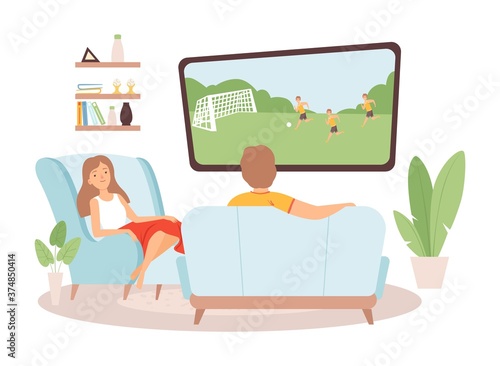Couple spend time together. Woman man watch TV, football fans. Family in living room, stay at home vector illustration. Man and woman comfortable watch tv