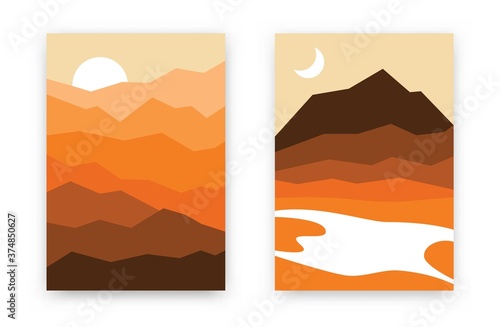 Abstract mountain backgrounds. Set of hand drawn posters with hills, river, clouds sun, moon scandinavian style. Vector wall decor © Yelyzaveta