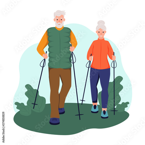 An elderly couple walking with sticks in the Park. The concept of Nordic walking, active aging, sports. Flat cartoon vector illustration.