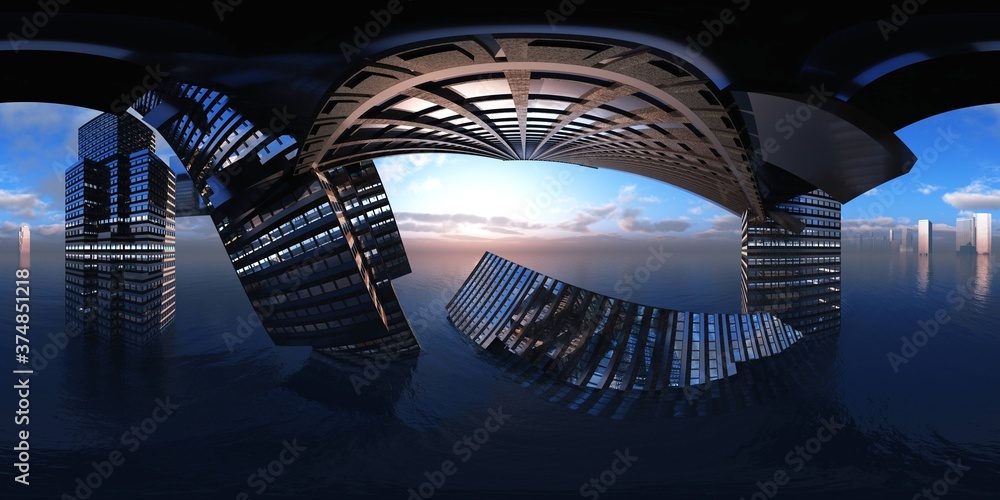 Flooded city. HDRI . equidistant projection. Spherical panorama ...