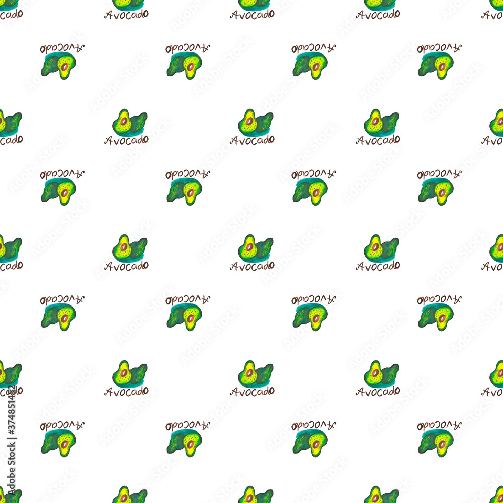 Fototapeta premium Hand drawn illustration Avocado on white background. Seamless pattern.