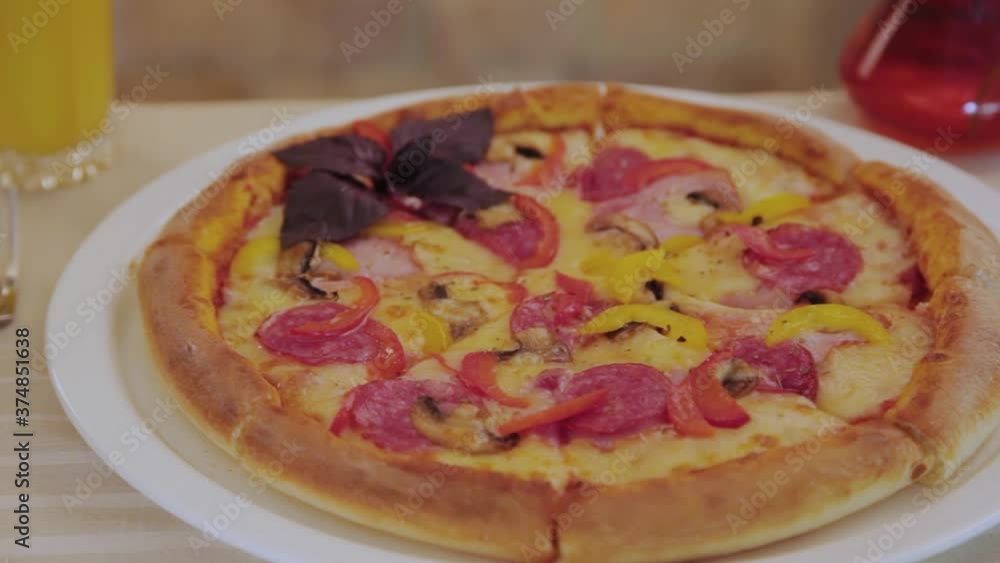 Fresh hot pizza with sausage and cheese on a white plate. Fresh hot pizza with sausage and cheese on a white plate.