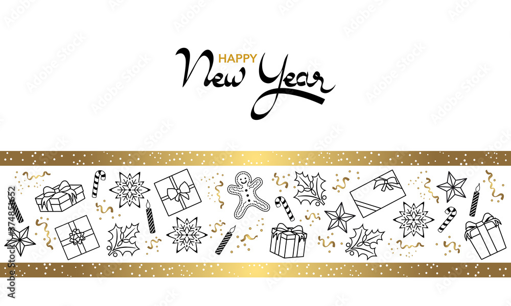 2021- carte de vœux noire, blanche et or avec un graphisme simple décorée d’objets de Fête de fin d’année. 